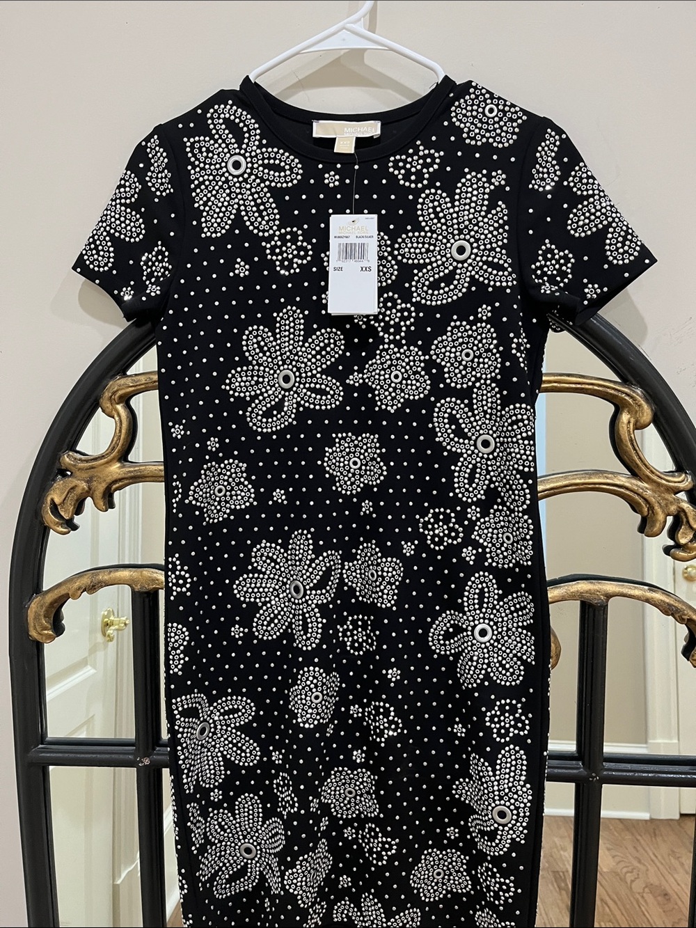 MICHAEL Michael Kors Black Mini Dress with Silver Stud Floral Accents